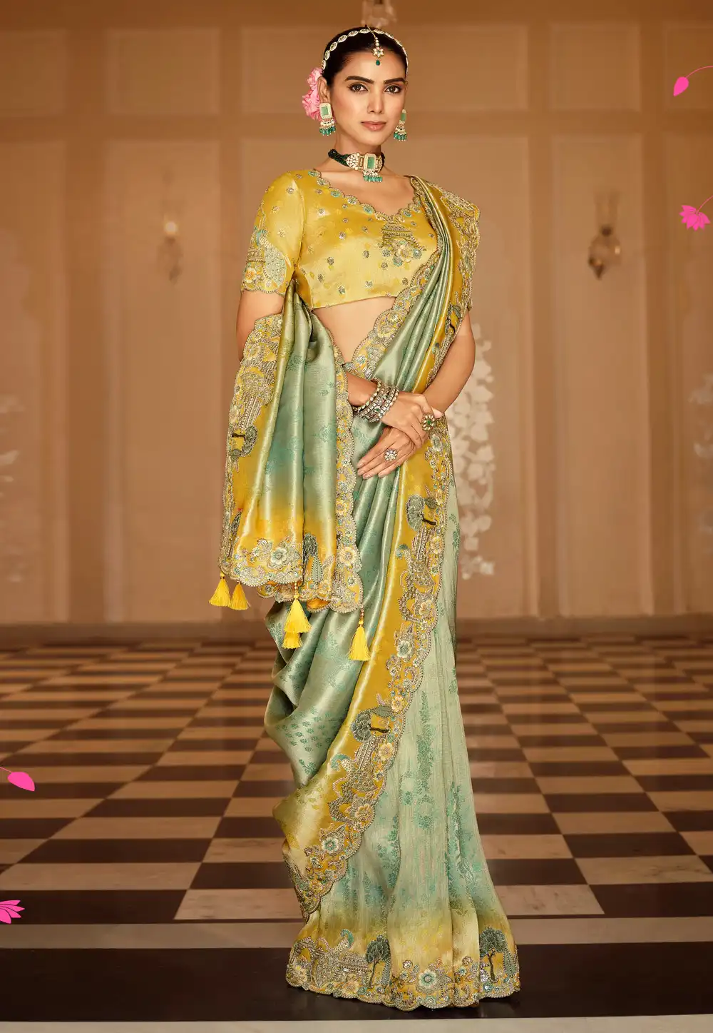 Sea Green Viscose Saree With Blouse 317613