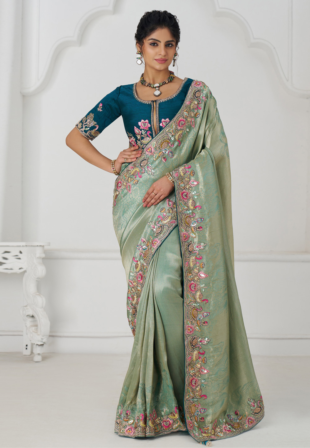 Sea Green Viscose Saree With Blouse 308980