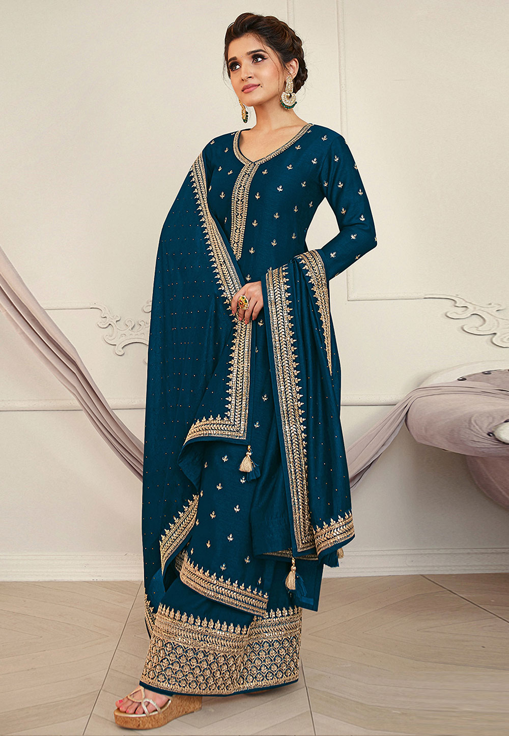 Teal Silk Kameez With Palazzo 238331