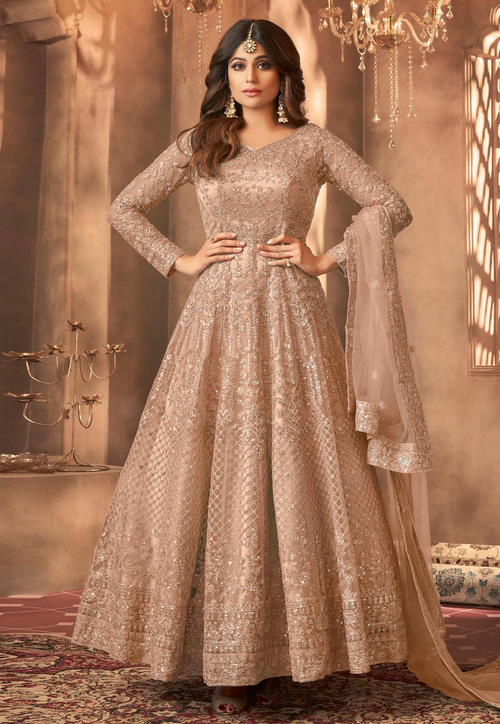 Shamita Shetty Beige Net Embroidered Long Anarkali Suit 329110