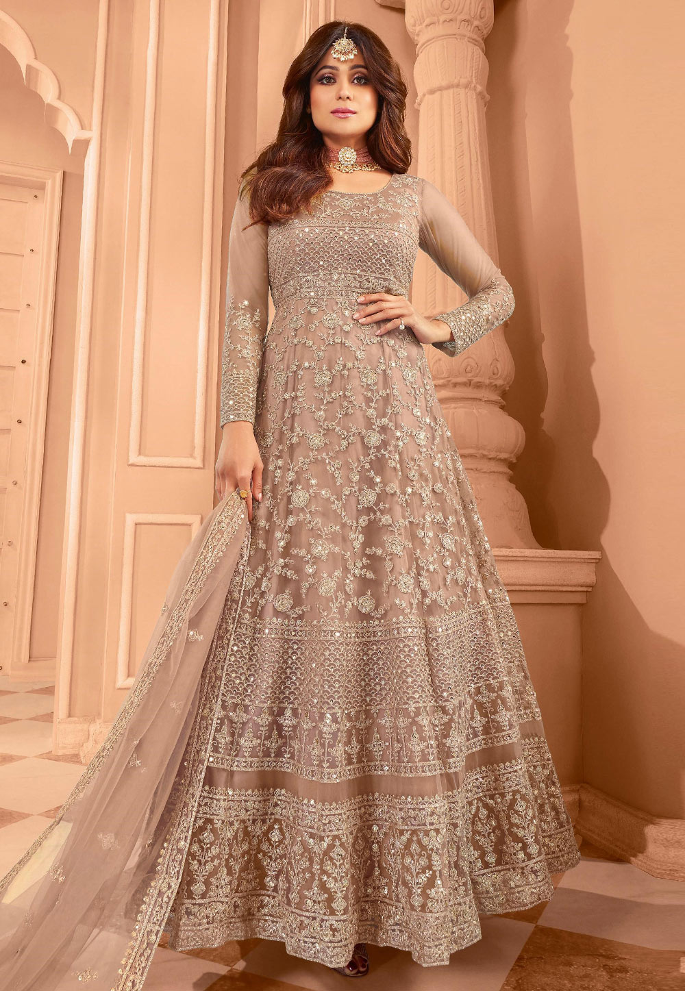 Shamita Shetty Beige Net Embroidered Long Anarkali Suit 329113