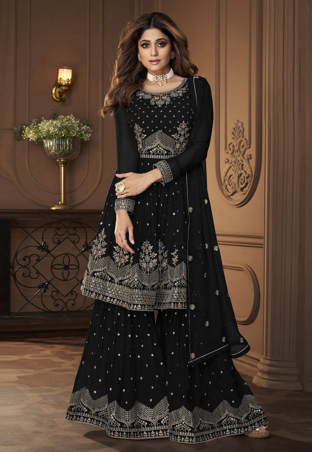 Shamita Shetty Black Georgette Sharara Suit 278363