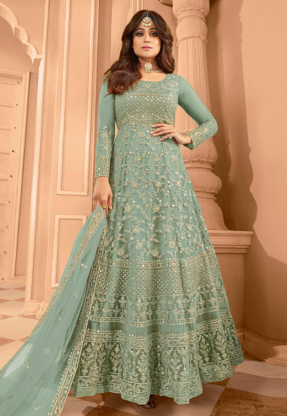 Shamita Shetty Green Net Embroidered Anarkali Suit 329115