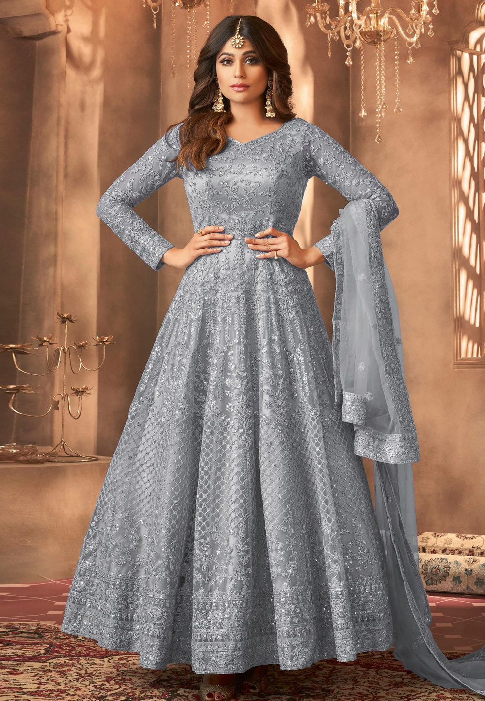 Shamita Shetty Grey Net Embroidered Anarkali Suit 329111
