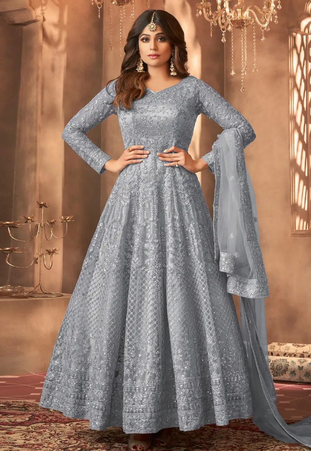 Shamita Shetty Grey Net Embroidered Anarkali Suit 329111