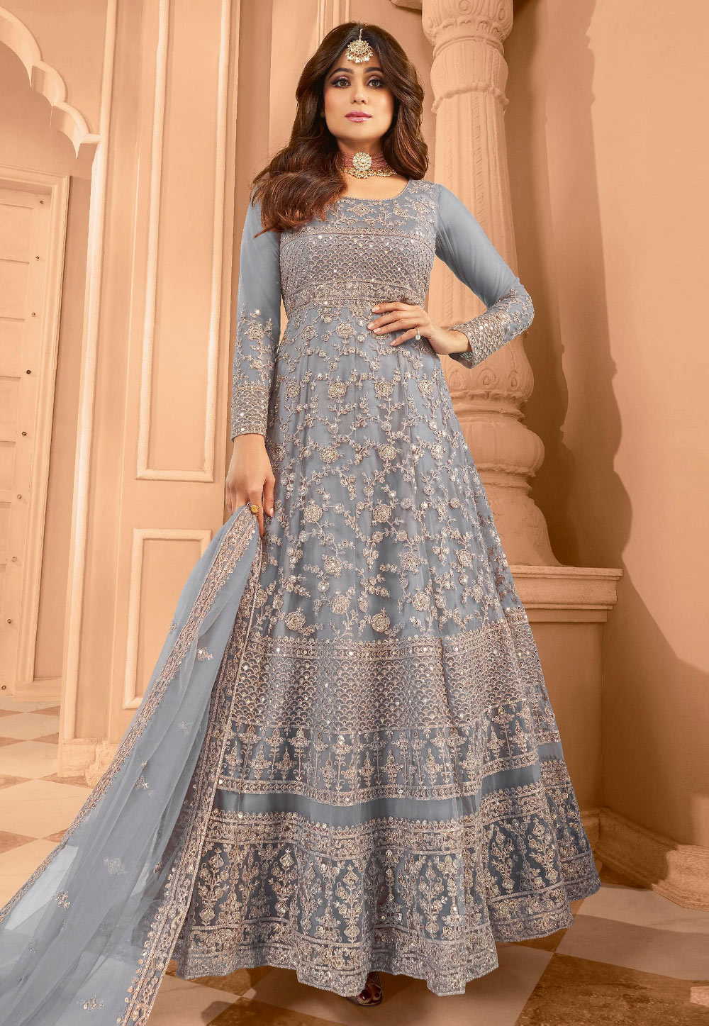 Shamita Shetty Grey Net Embroidered Long Anarkali Suit 329114