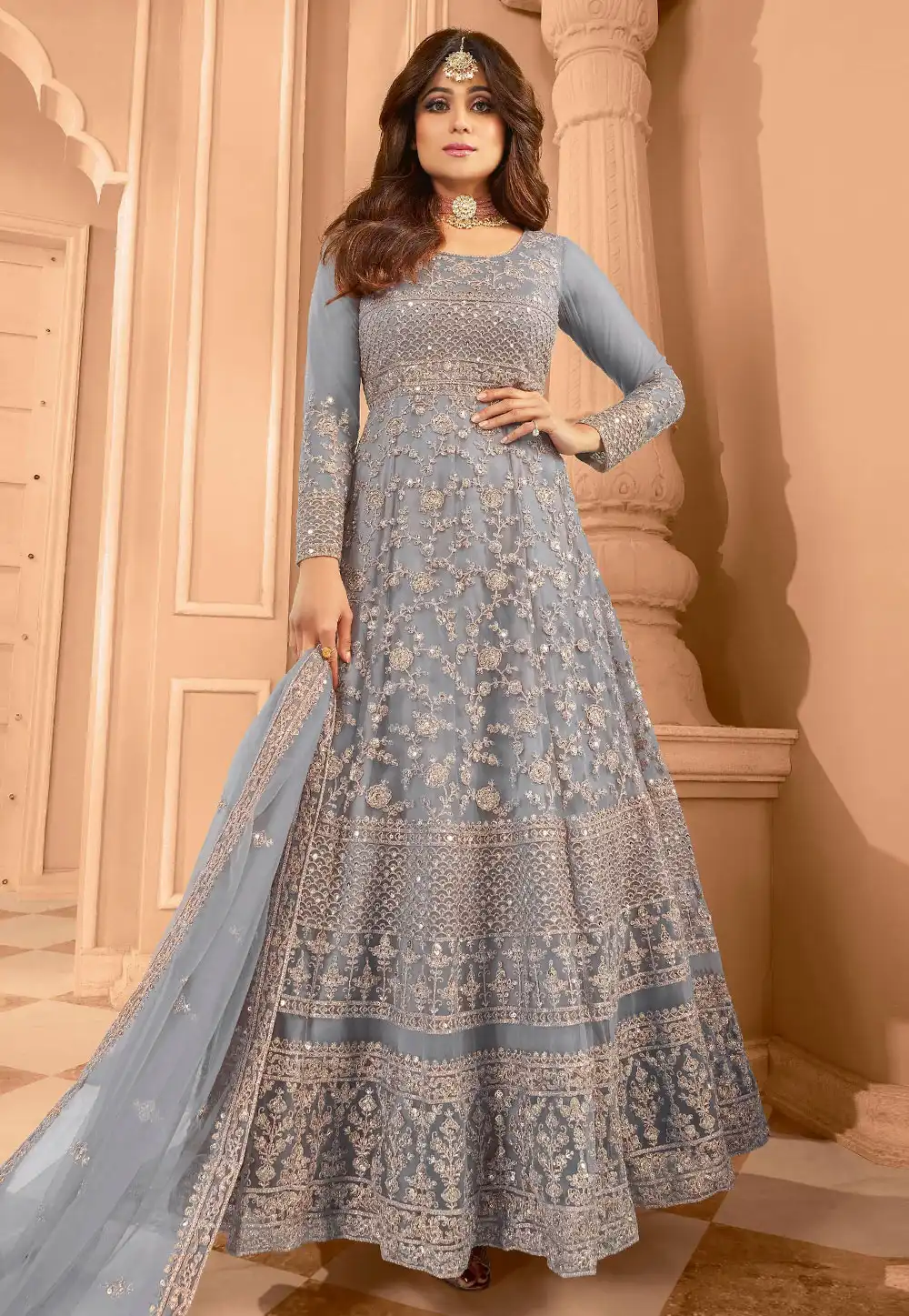 Shamita Shetty Grey Net Embroidered Long Anarkali Suit 329114