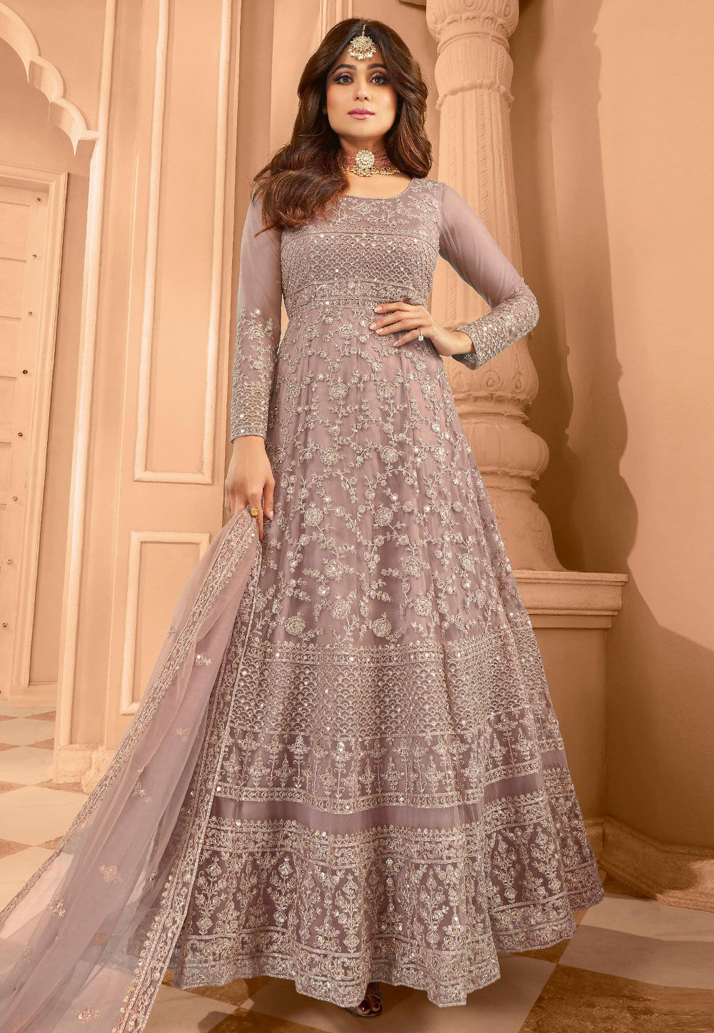 Shamita Shetty Mauve Net Embroidered Anarkali Suit 329112