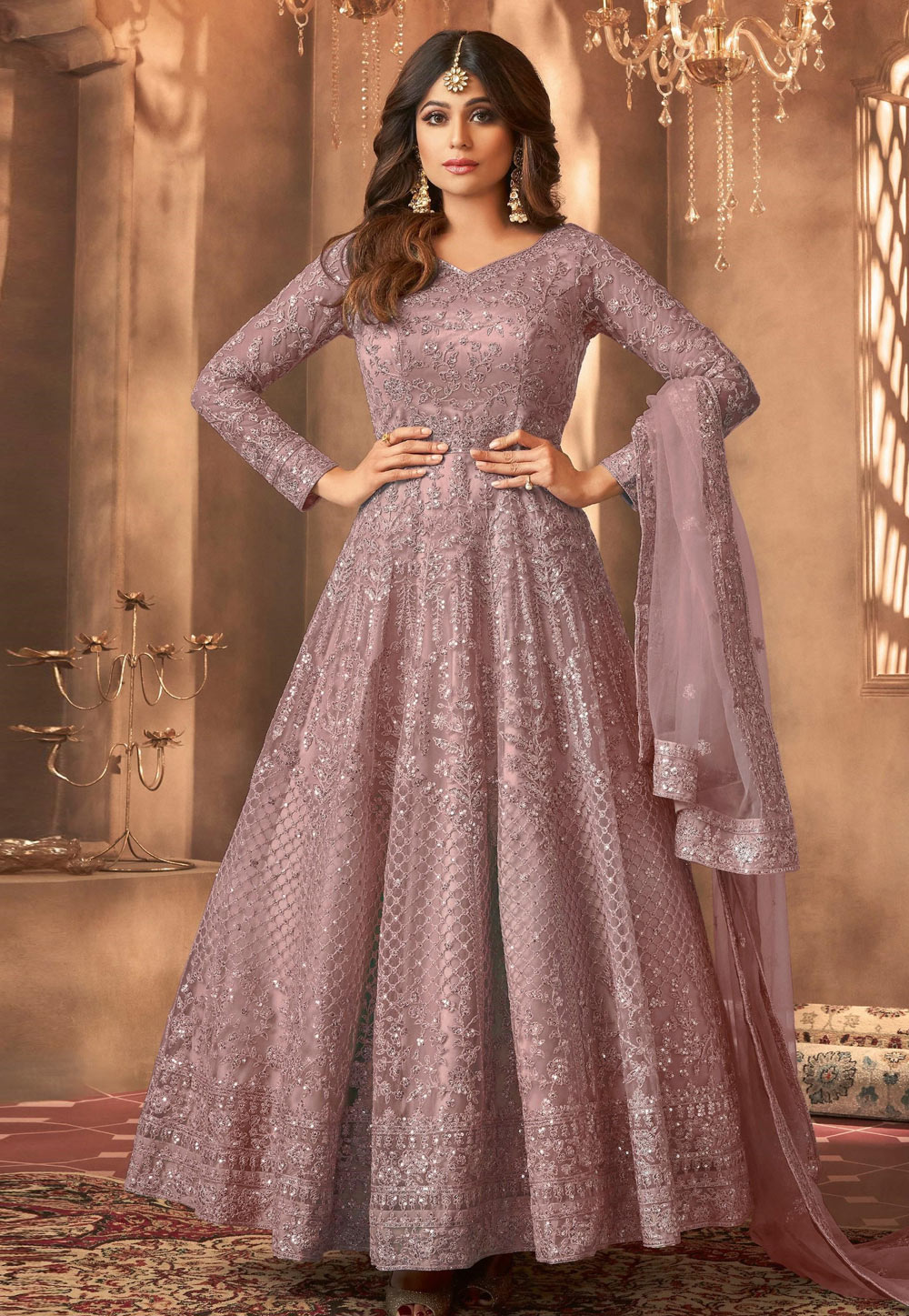 Shamita Shetty Mauve Net Embroidered Long Anarkali Suit 329108