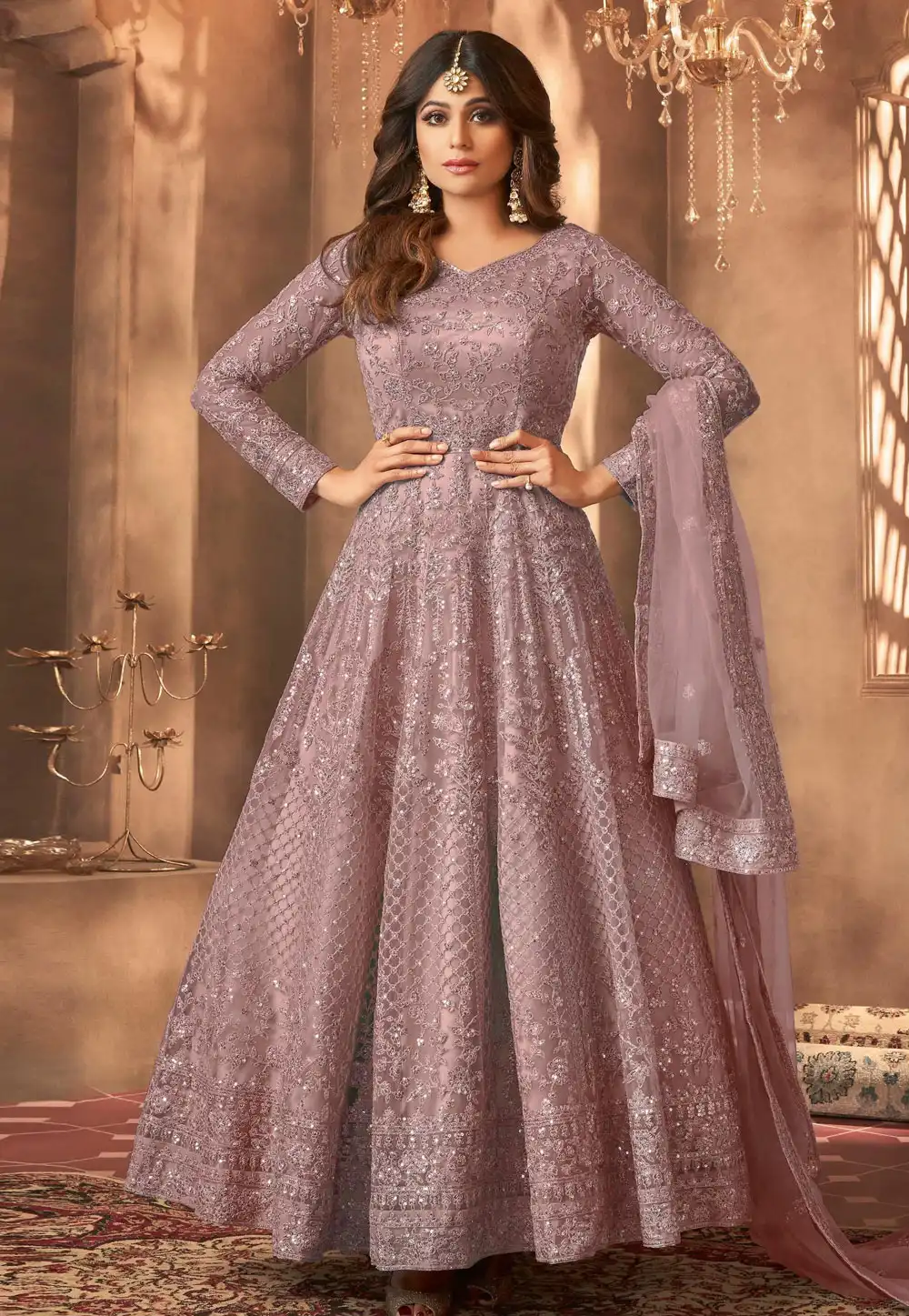 Shamita Shetty Mauve Net Embroidered Long Anarkali Suit 329108