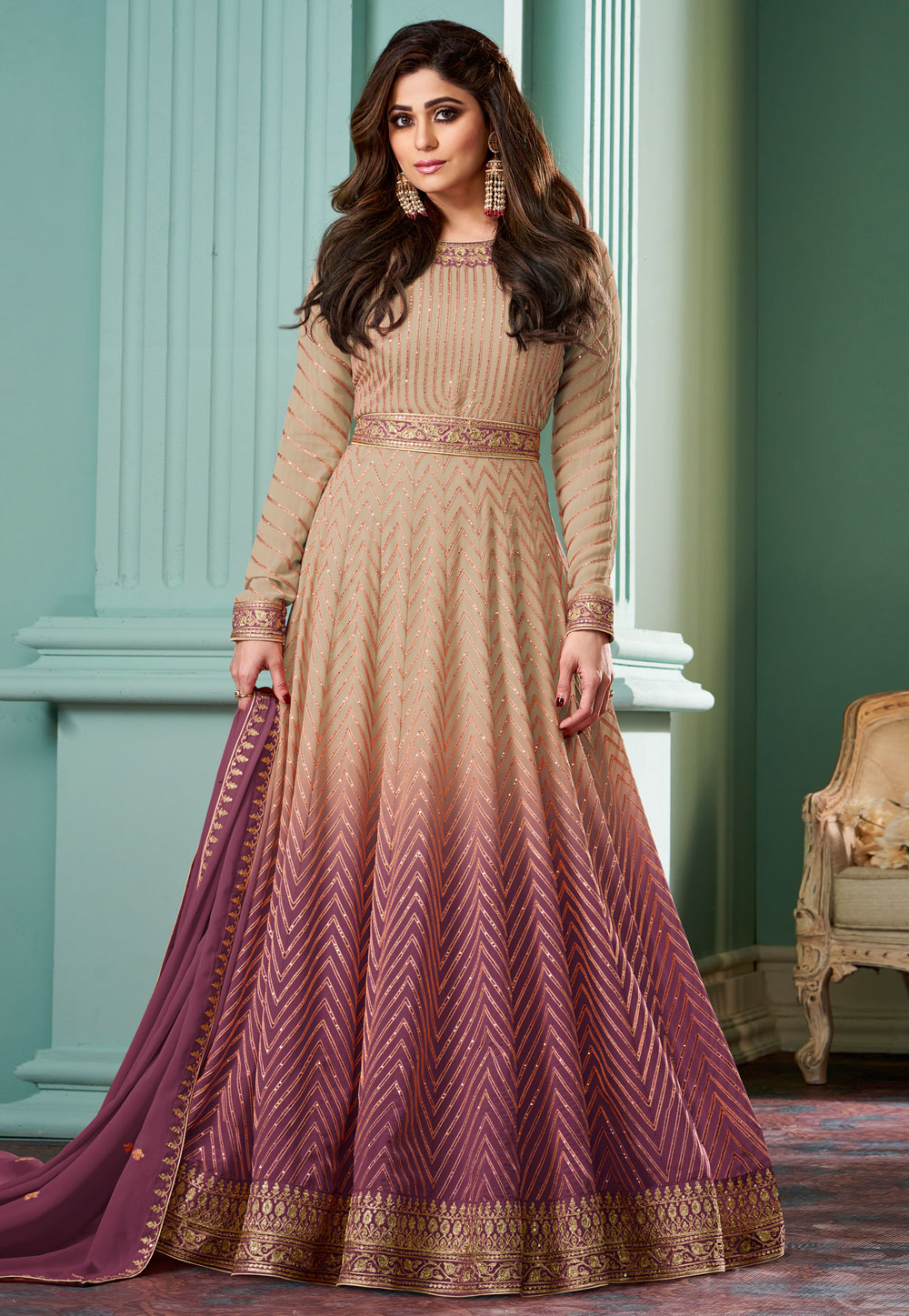 Shamita Shetty Purple Georgette Long Anarkali Suit 310944