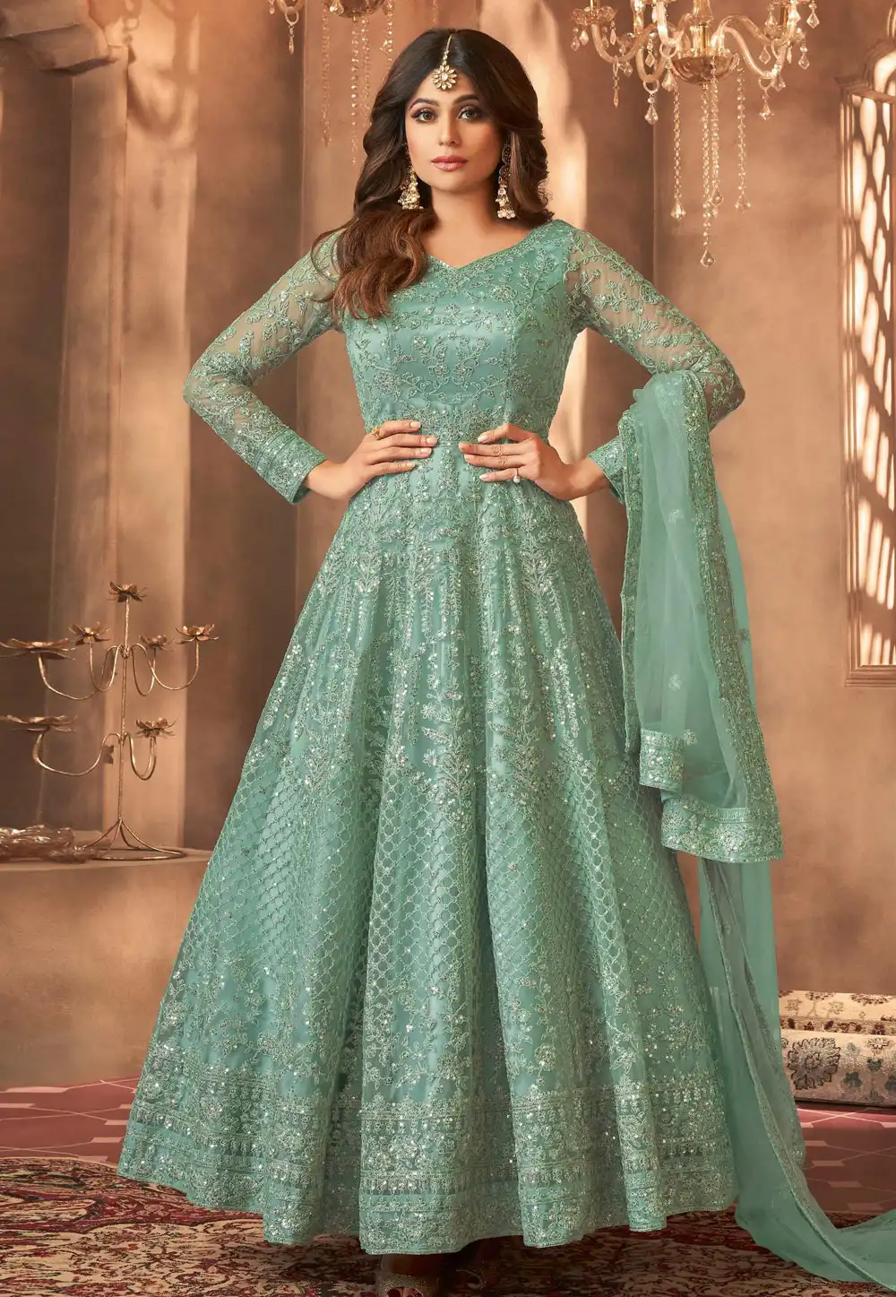 Shamita Shetty Sea Green Net Embroidered Anarkali Suit 329109