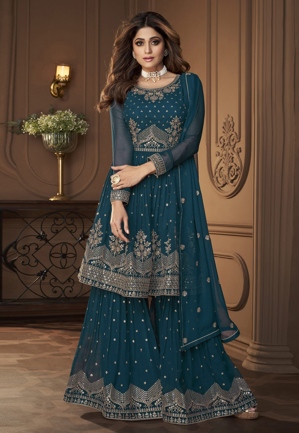 Shamita Shetty Teal Georgette Sharara Suit 278361