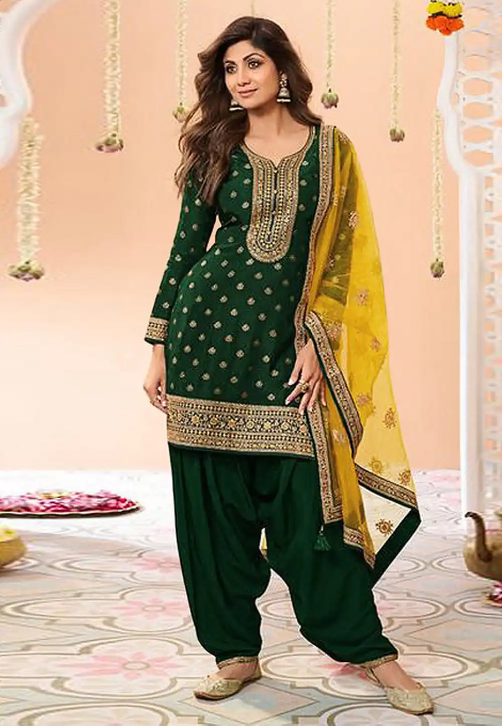 Shilpa Shetty Green Viscose Jacquard Patiala Suit 329171