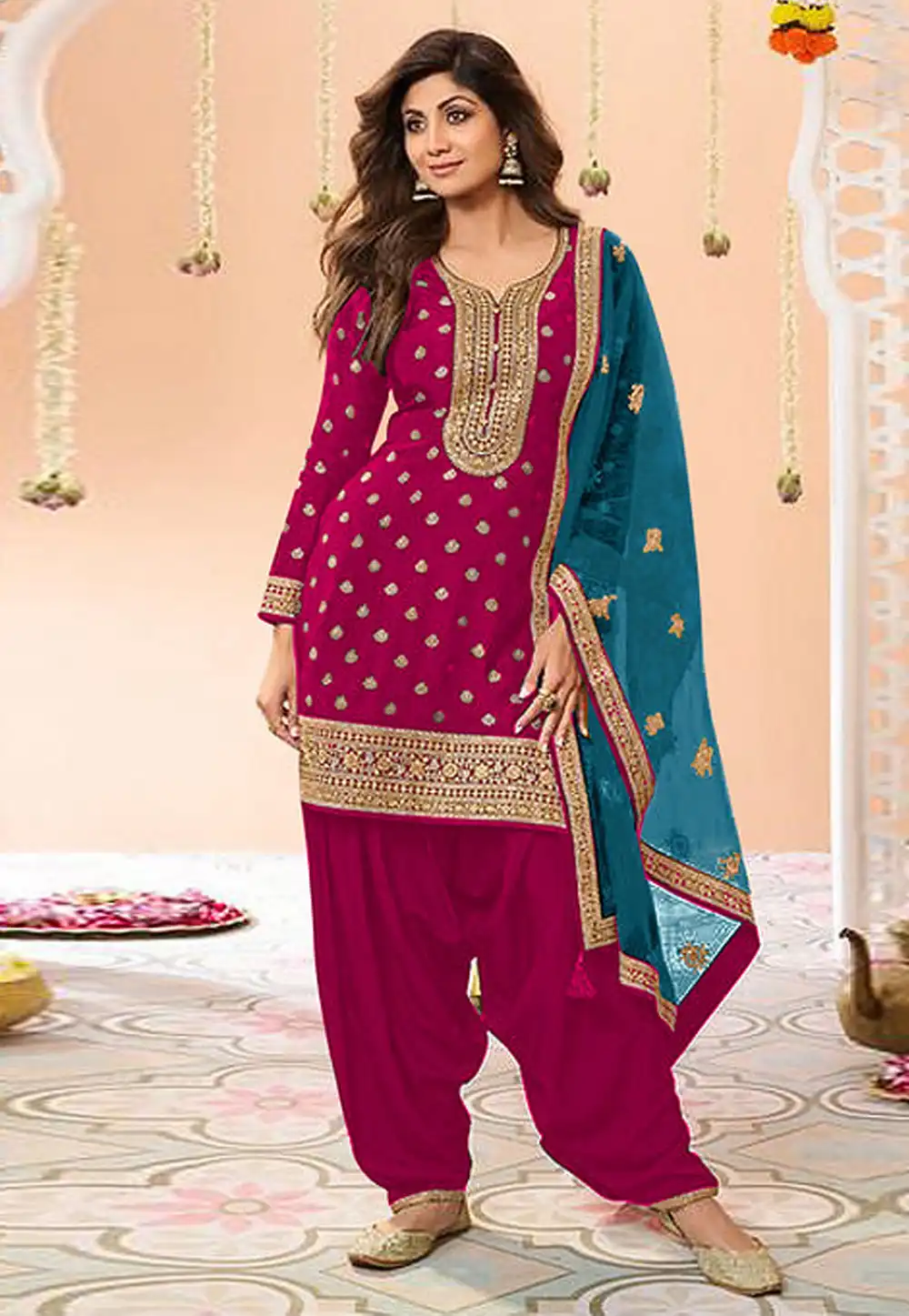 Shilpa Shetty Magenta Viscose Jacquard Punjabi Suit 329174