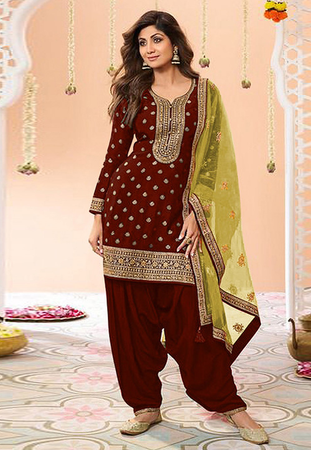 Shilpa Shetty Maroon Viscose Jacquard Patiala Suit 329173