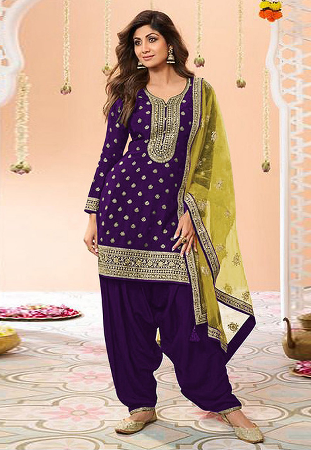 Shilpa Shetty Purple Viscose Jacquard Punjabi Suit 329176