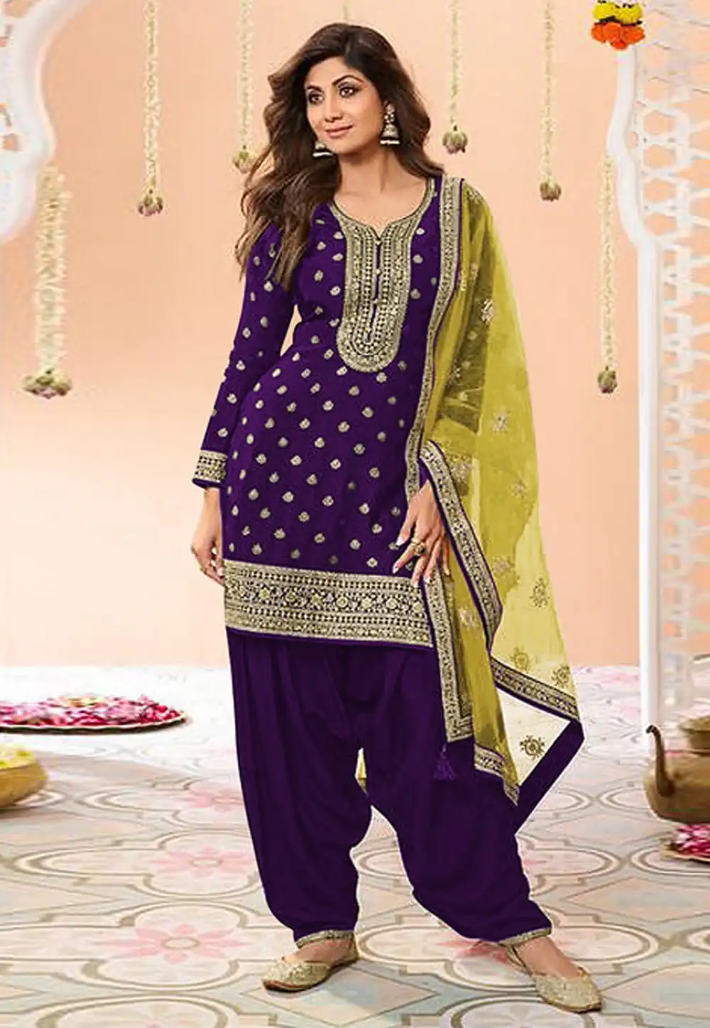 Shilpa Shetty Purple Viscose Jacquard Punjabi Suit 329176