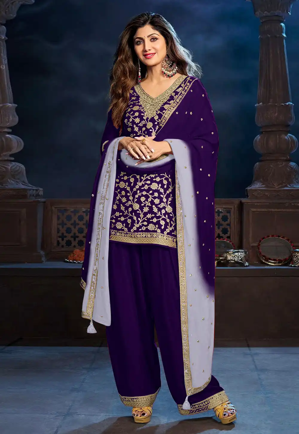 Shilpa Shetty Purple Viscose Pakistani Suit 324867