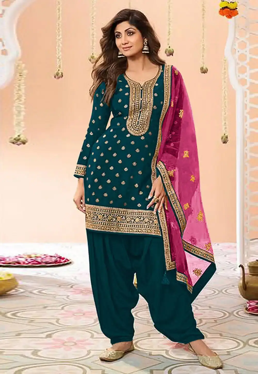 Shilpa Shetty Teal Viscose Jacquard Punjabi Suit 329172