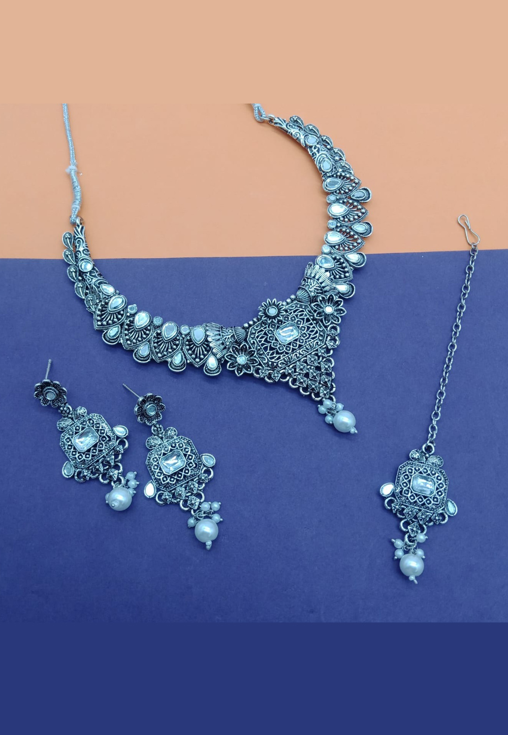 Silver Oxidised Navratri Necklace Set With Earrings and Maang Tikka 312479