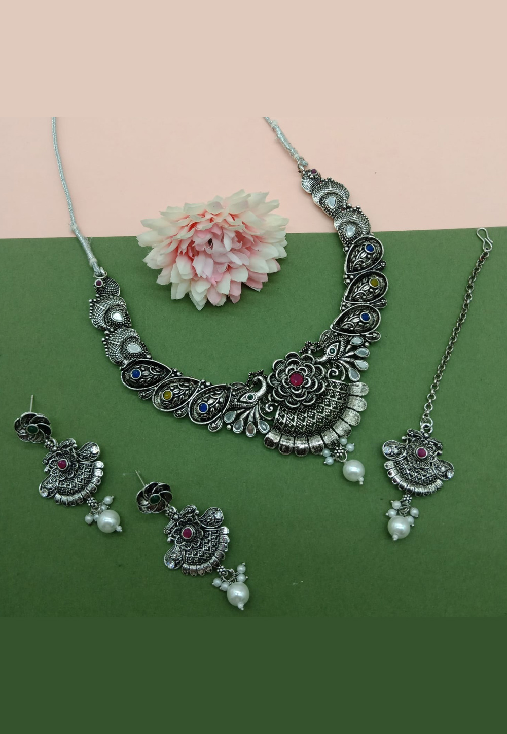 Silver Oxidised Navratri Necklace Set With Earrings and Maang Tikka 312481