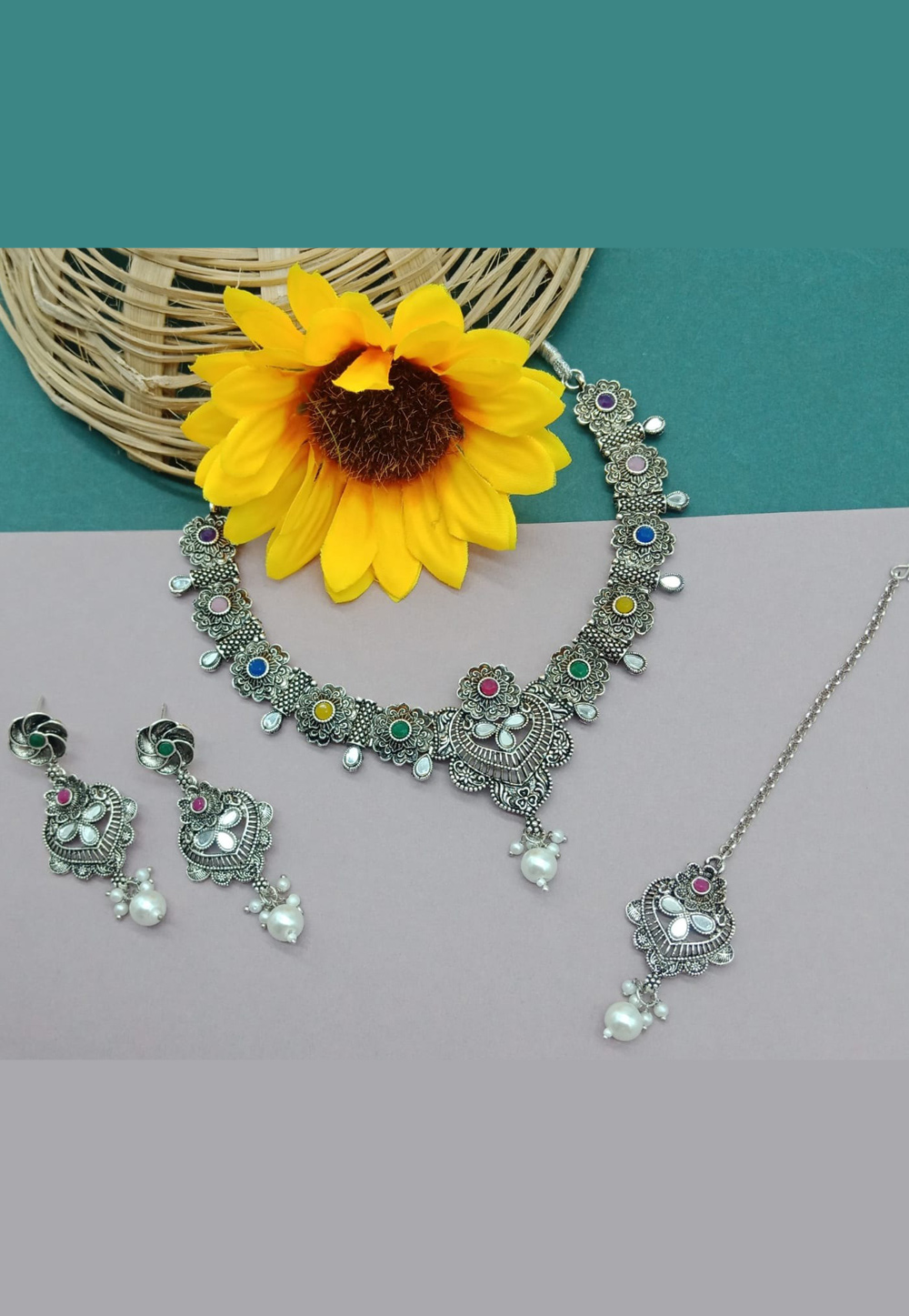 Silver Oxidised Navratri Necklace Set With Earrings and Maang Tikka 312483