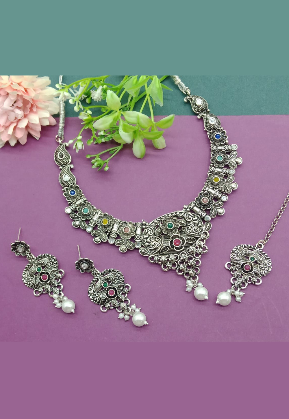 Silver Oxidised Navratri Necklace Set With Earrings and Maang Tikka 312485