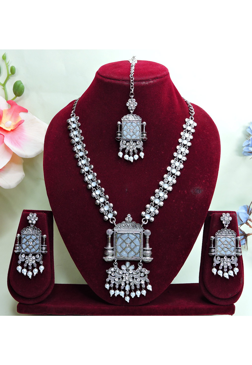Silver Oxidised Navratri Necklace Set With Earrings and Maang Tikka 312760