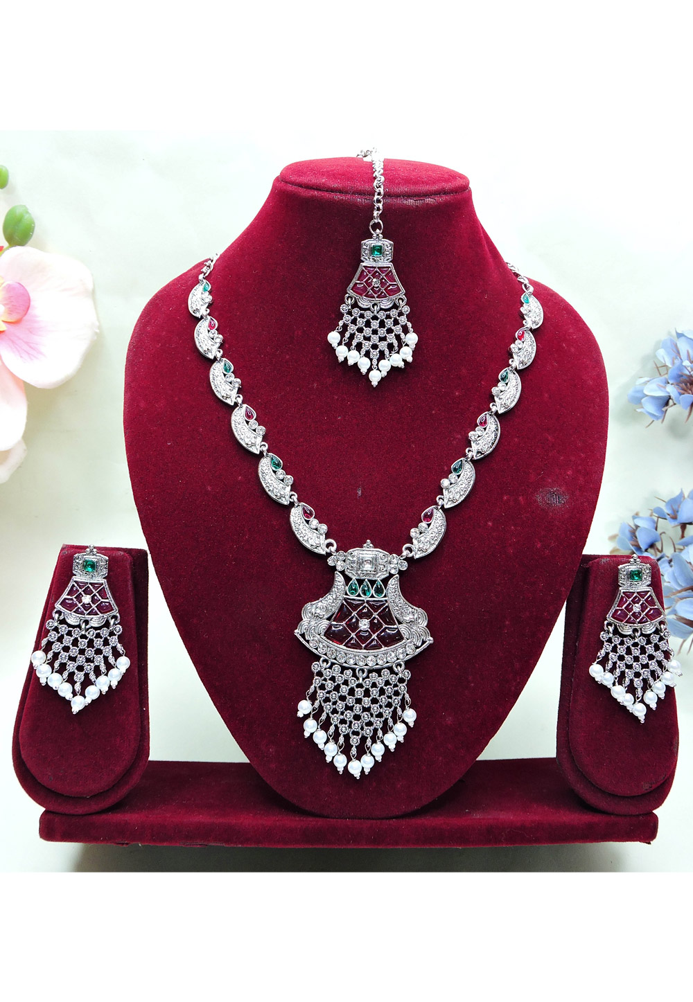 Silver Oxidised Navratri Necklace Set With Earrings and Maang Tikka 312769