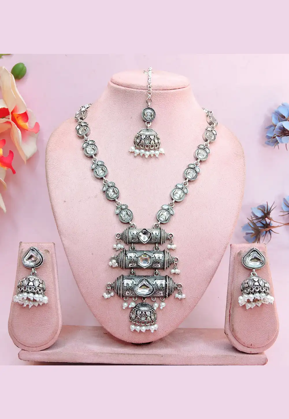 Silver Oxidised Necklace Set With Earrings and Maang Tikka For Navratri 312377