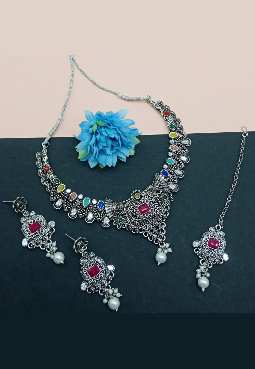 Silver Oxidised Necklace Set With Earrings and Maang Tikka For Navratri 312478