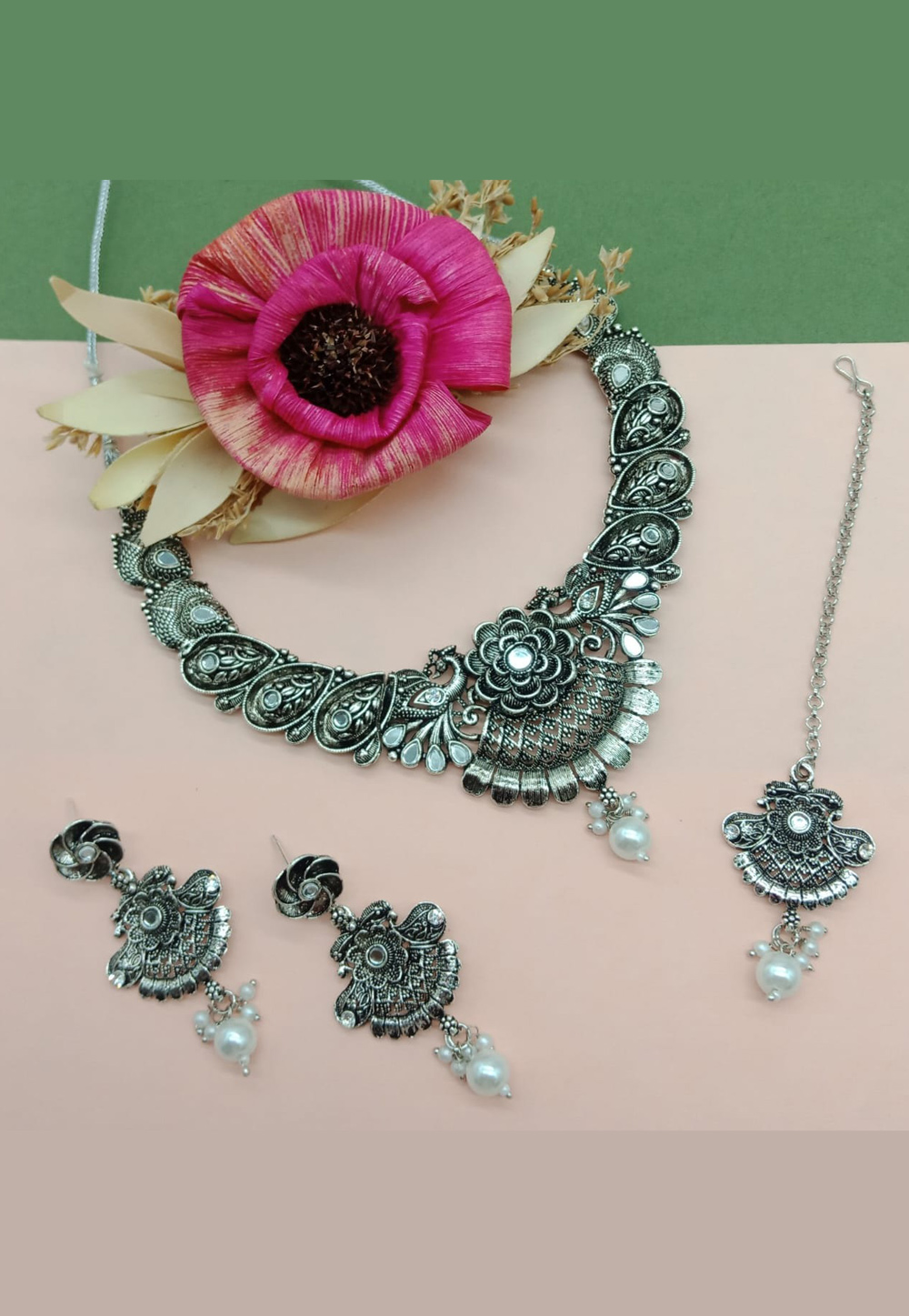 Silver Oxidised Necklace Set With Earrings and Maang Tikka For Navratri 312480