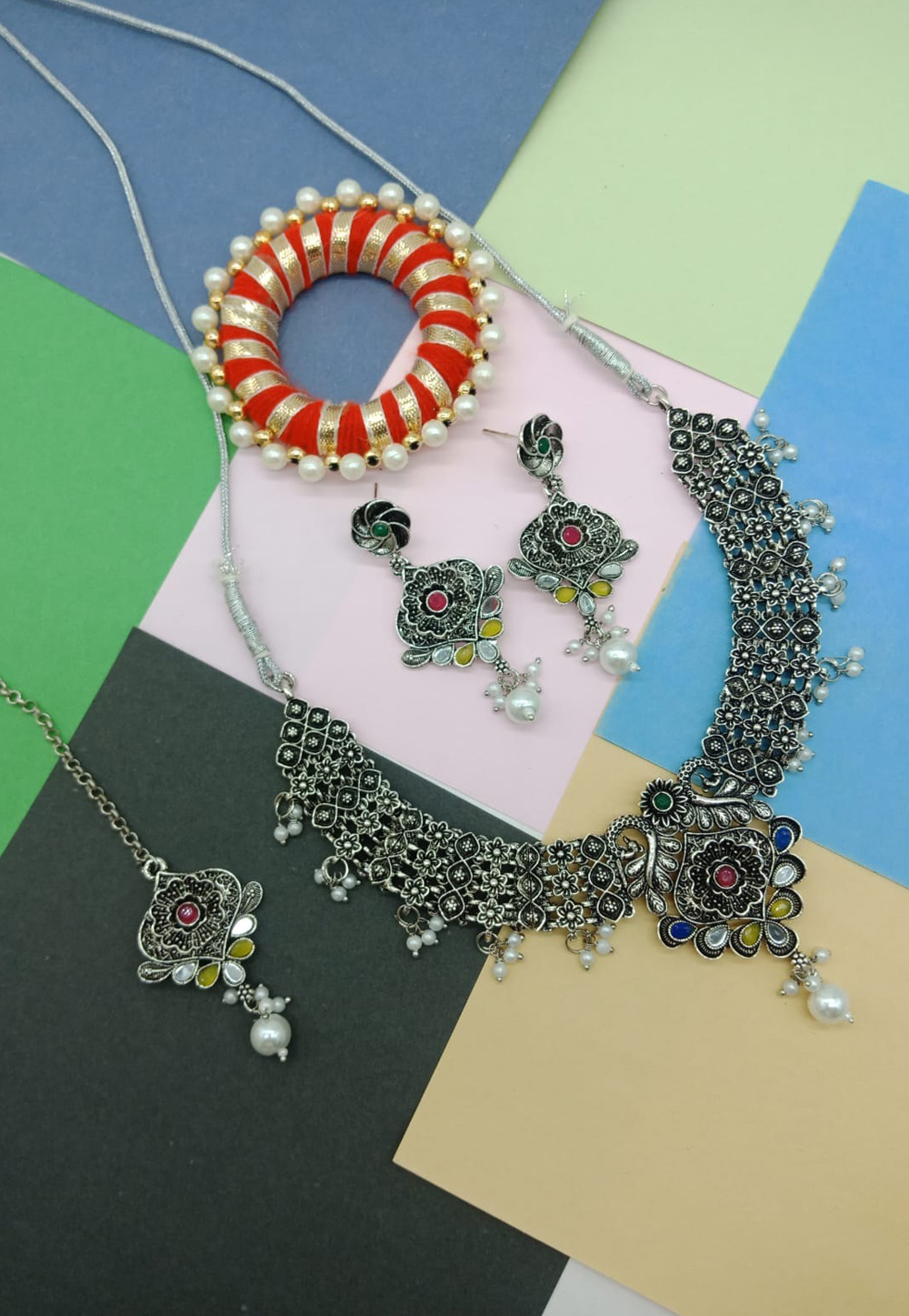 Silver Oxidised Necklace Set With Earrings and Maang Tikka For Navratri 312482