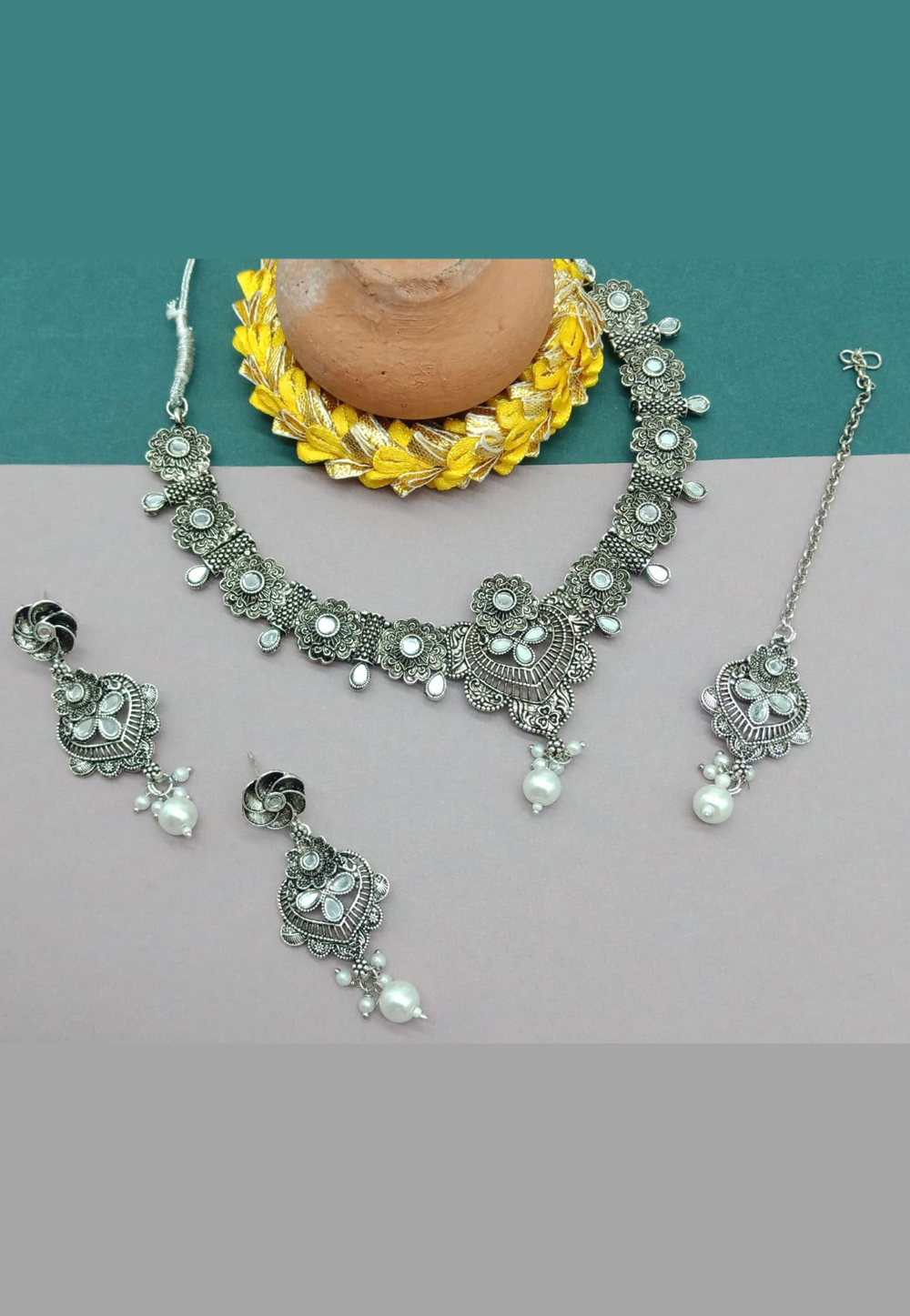 Silver Oxidised Necklace Set With Earrings and Maang Tikka For Navratri 312484