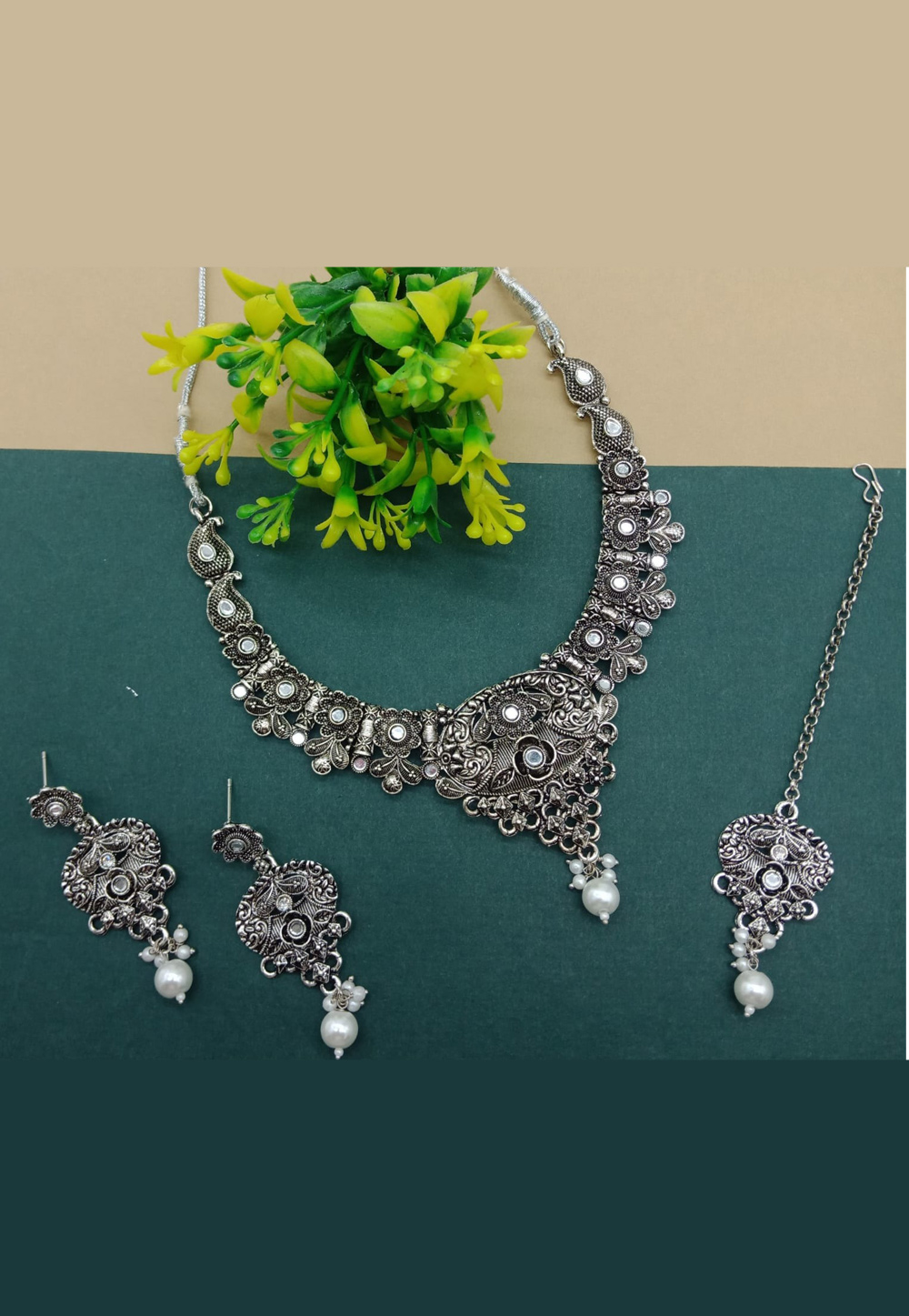 Silver Oxidised Necklace Set With Earrings and Maang Tikka For Navratri 312486