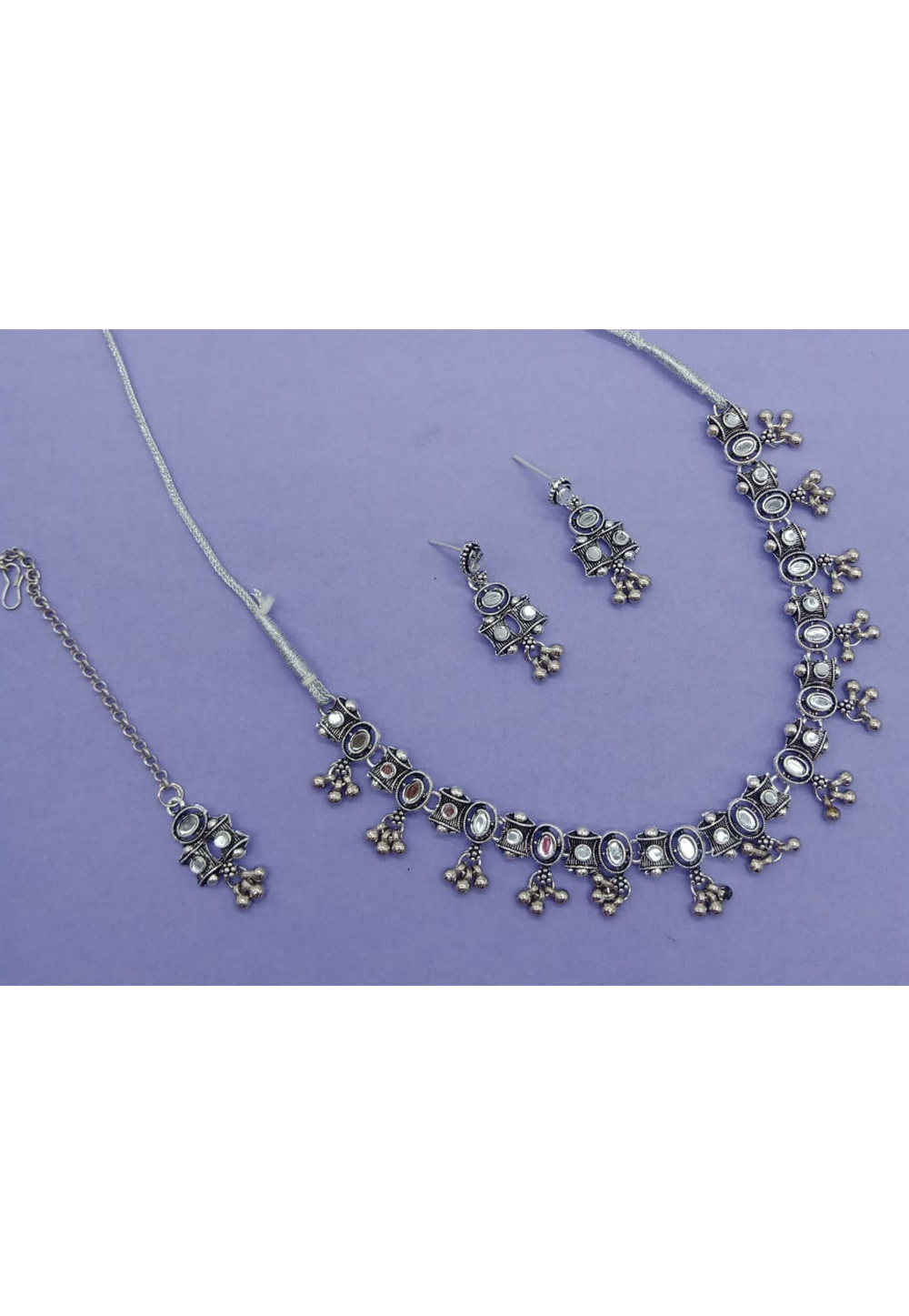 Silver Oxidised Necklace Set With Earrings and Maang Tikka For Navratri 312586