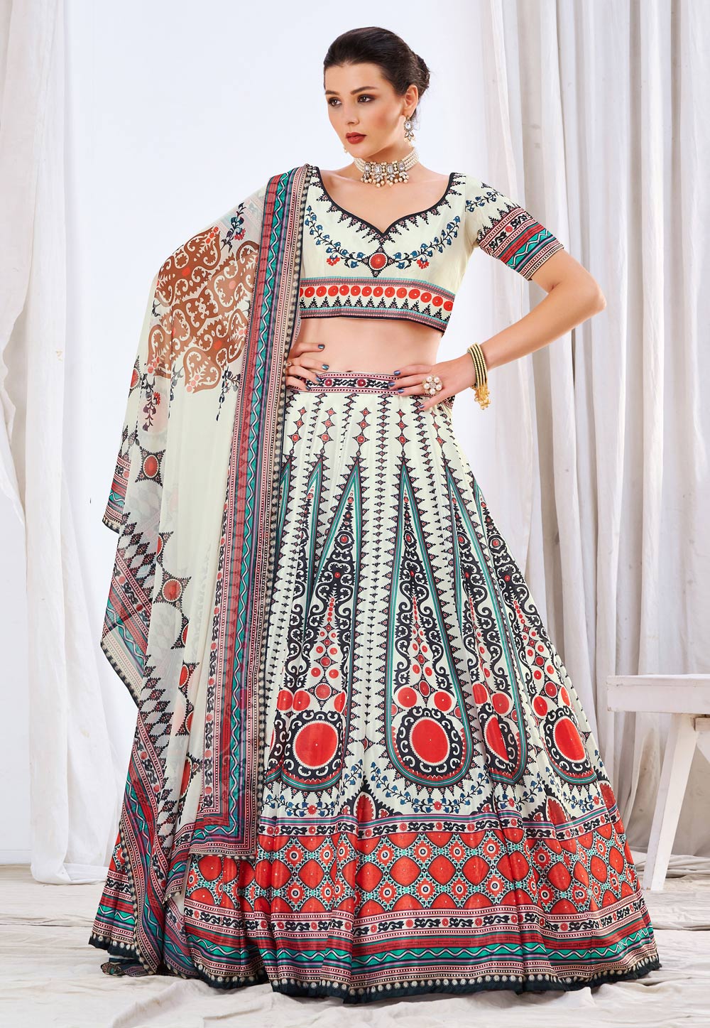 Off White Chinon Circular Lehenga Choli 245206