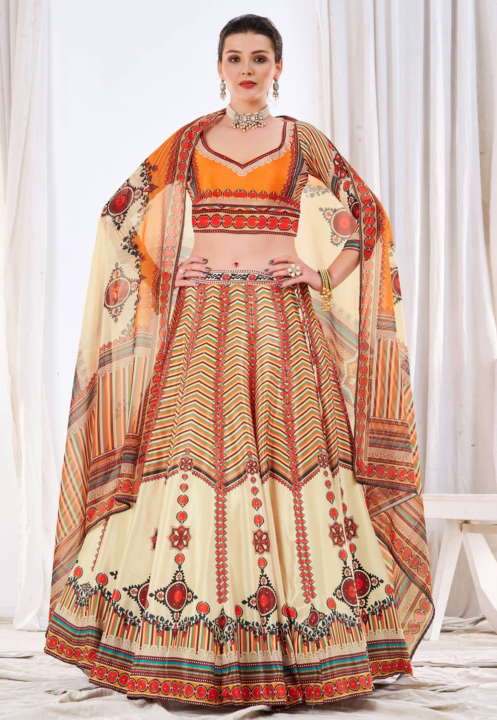 Cream Chinon Circular Lehenga Choli 245207