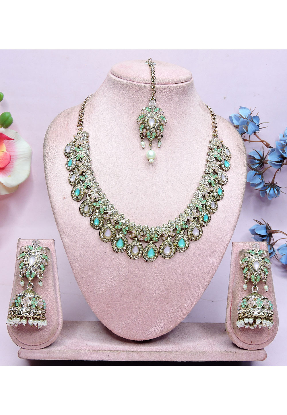 Sky Blue Alloy Necklace Set With Earrings and Maang Tikka 330229