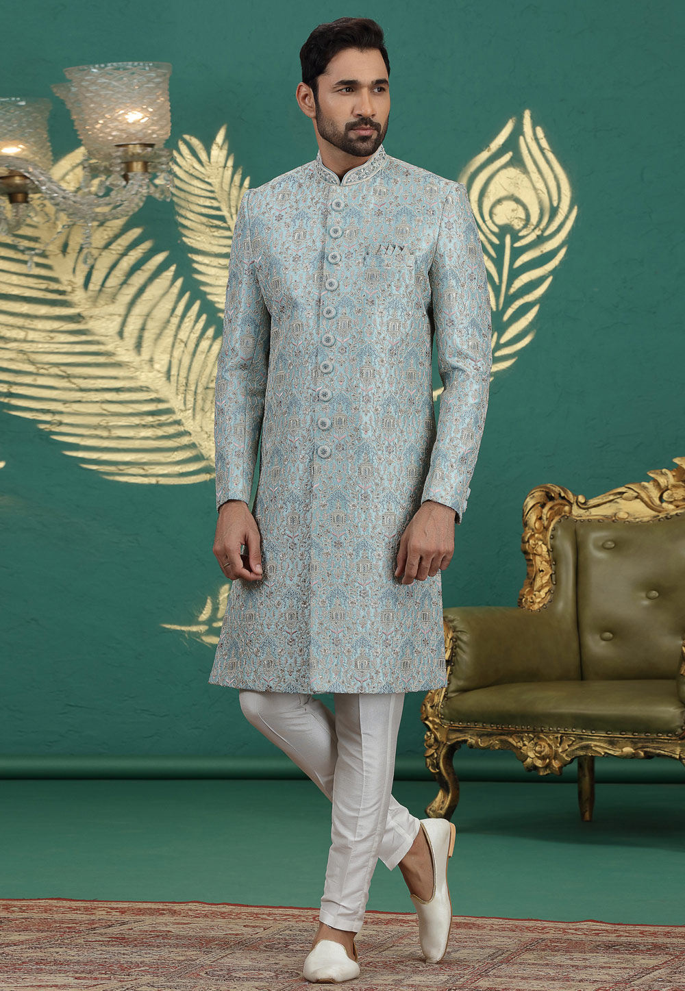 Sky Blue Art Silk Achkan Style Sherwani 319009