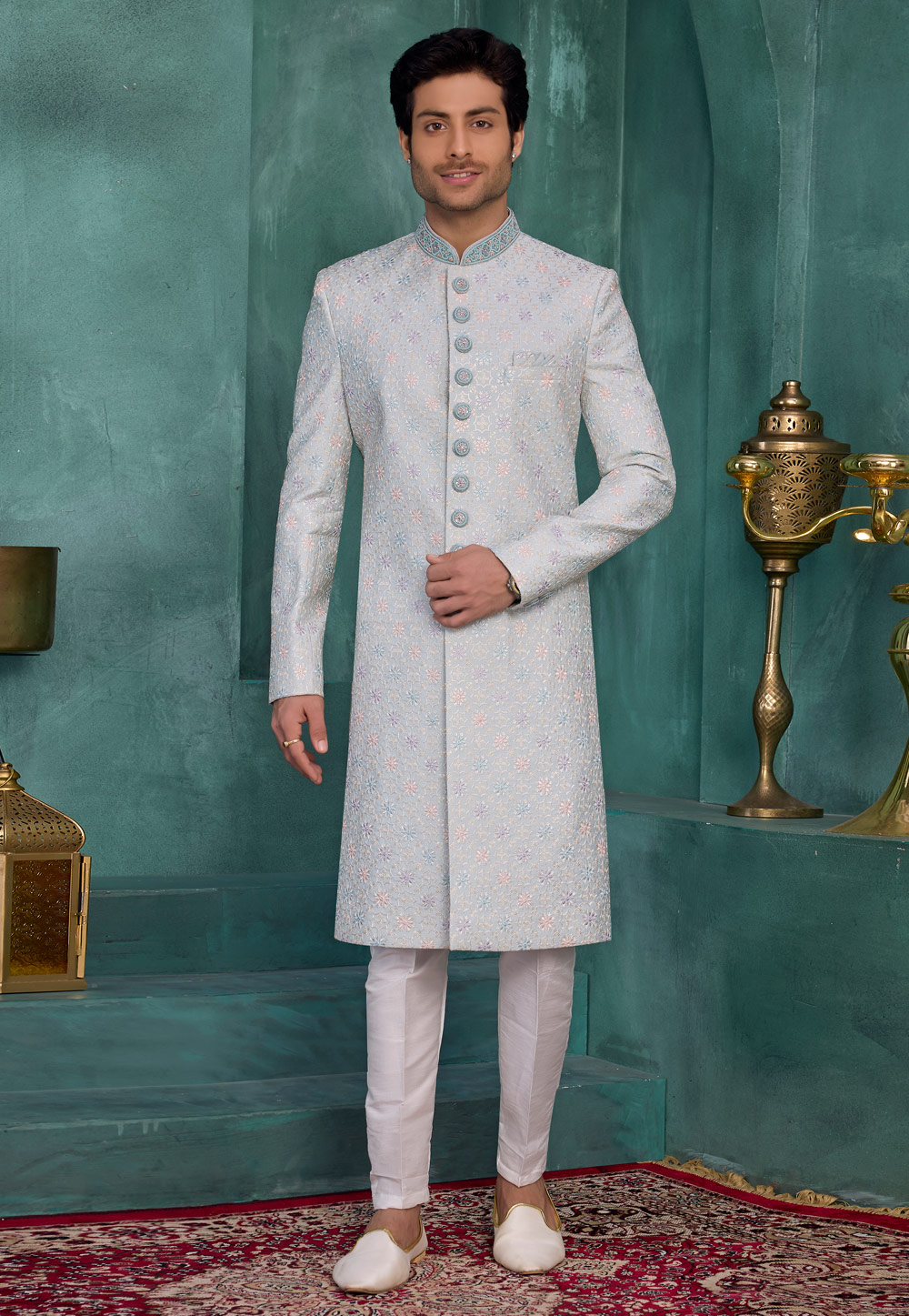 Sky Blue Art Silk Achkan Style Sherwani 327053