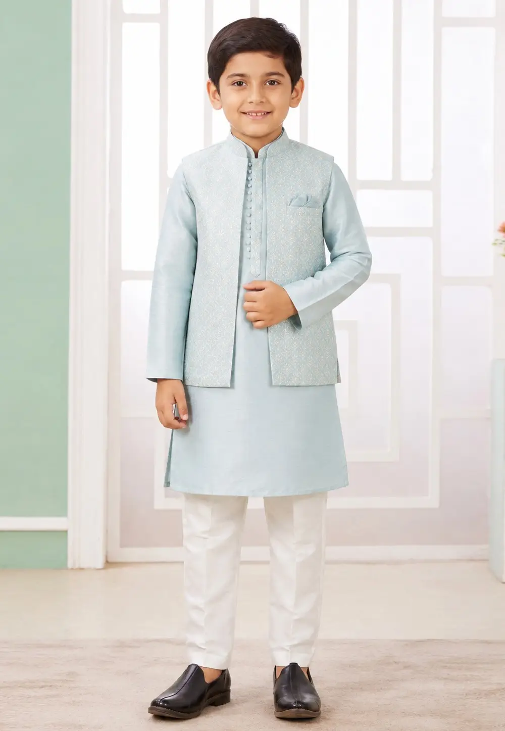 Sky Blue Art Silk Boys Kurta Pajama With Jacket 335771