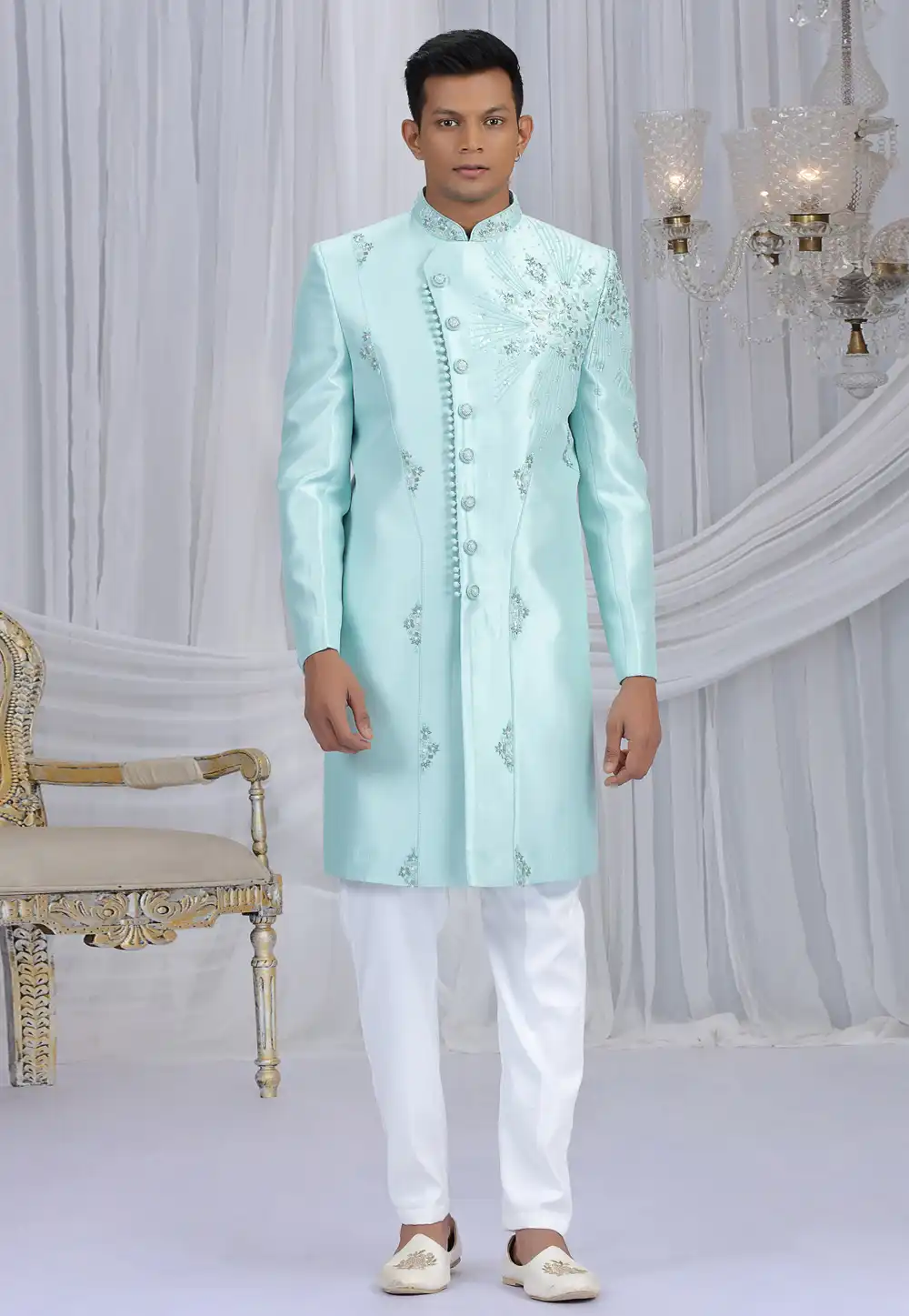 Sky Blue Art Silk Indo Western Sherwani 319055