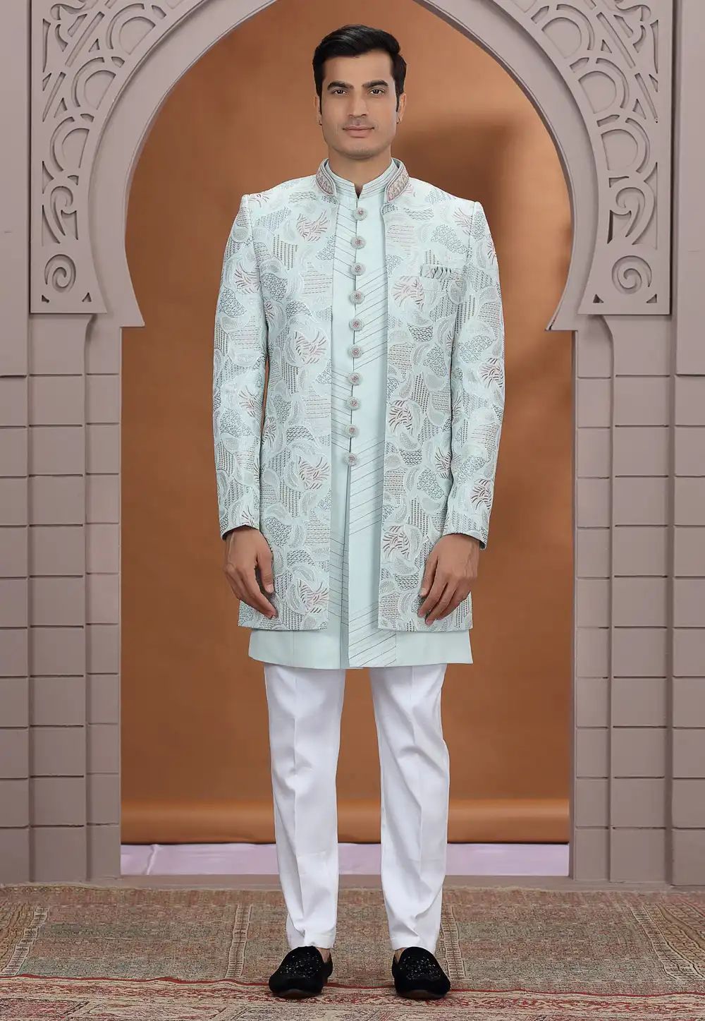 Sky Blue Art Silk Indo Western Suit 319033