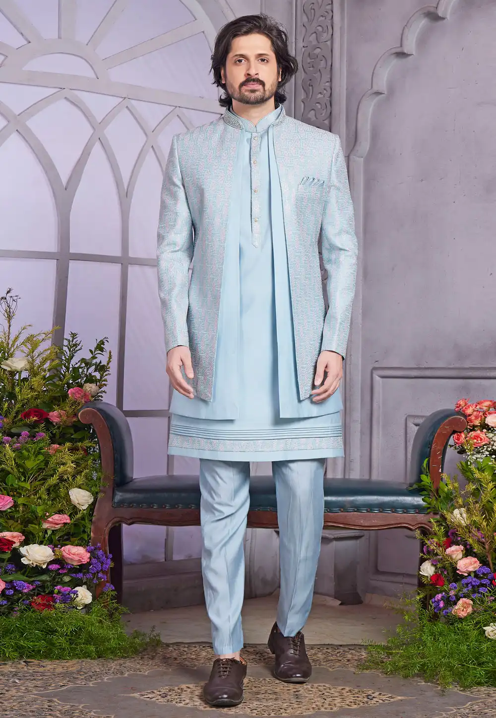 Sky Blue Art Silk Jacket Style Sherwani 308596