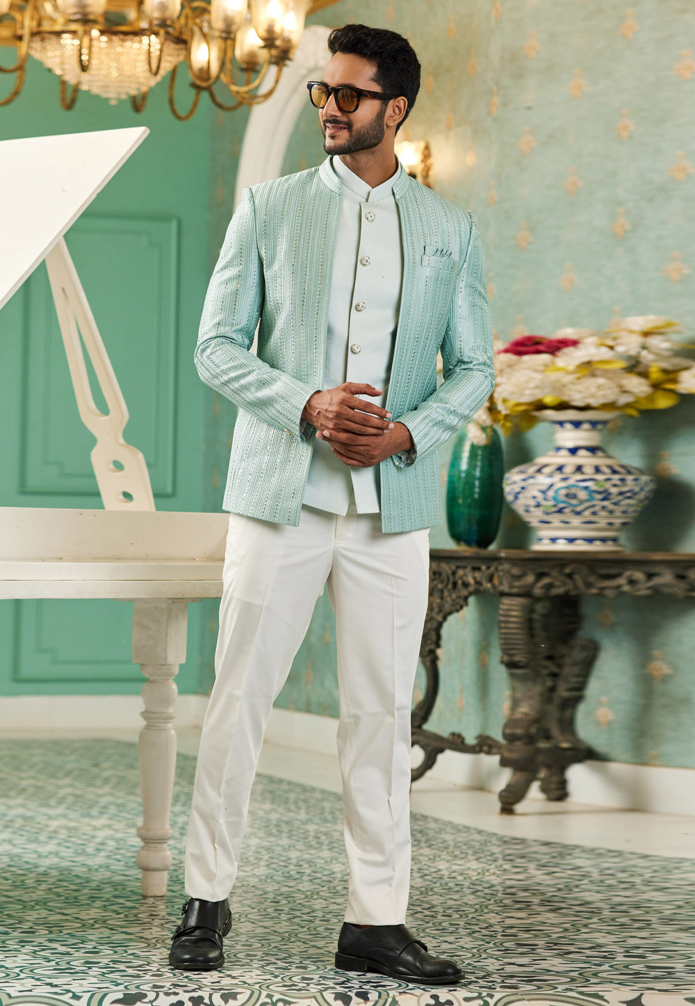 Sky Blue Art Silk Jodhpuri Suit 278288
