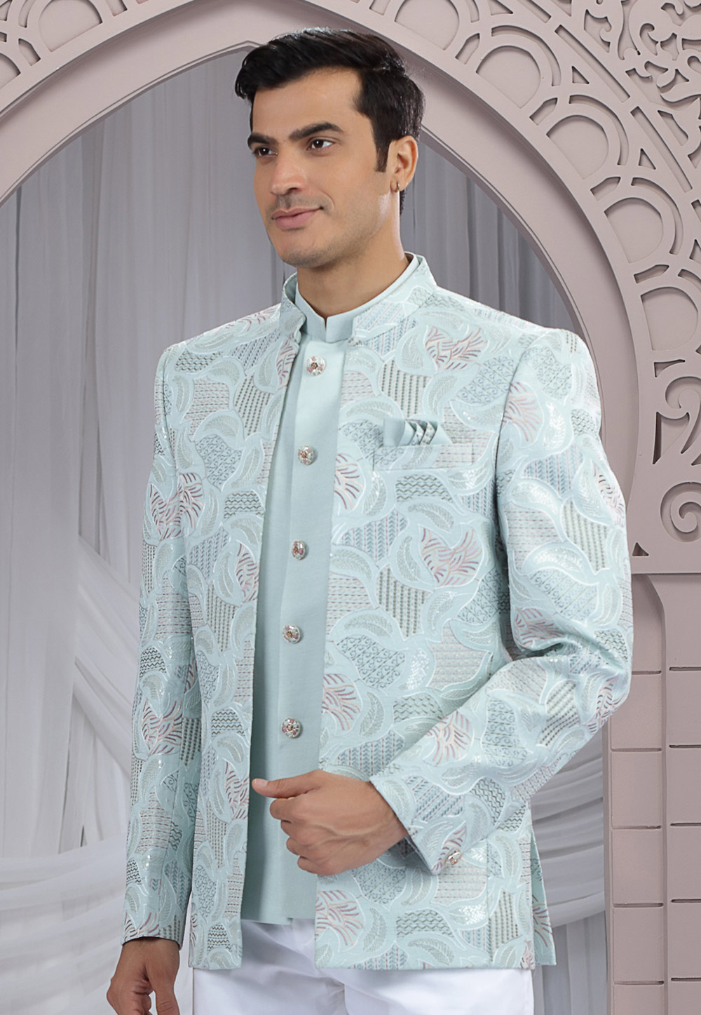 Sky Blue Art Silk Jodhpuri Suit 319133