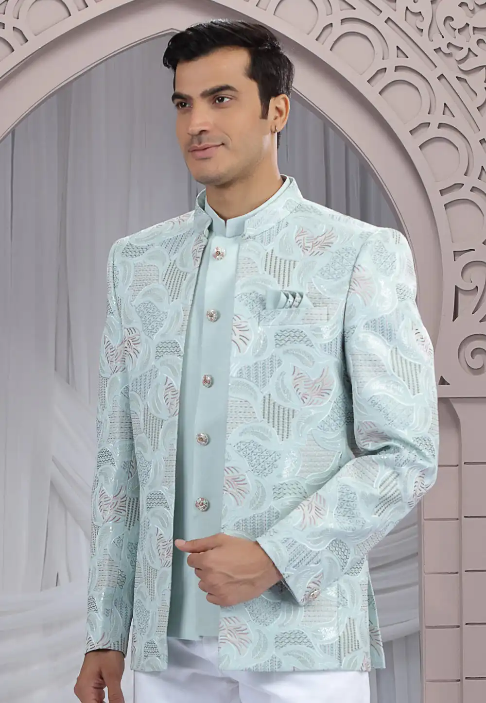 Sky Blue Art Silk Jodhpuri Suit 319133