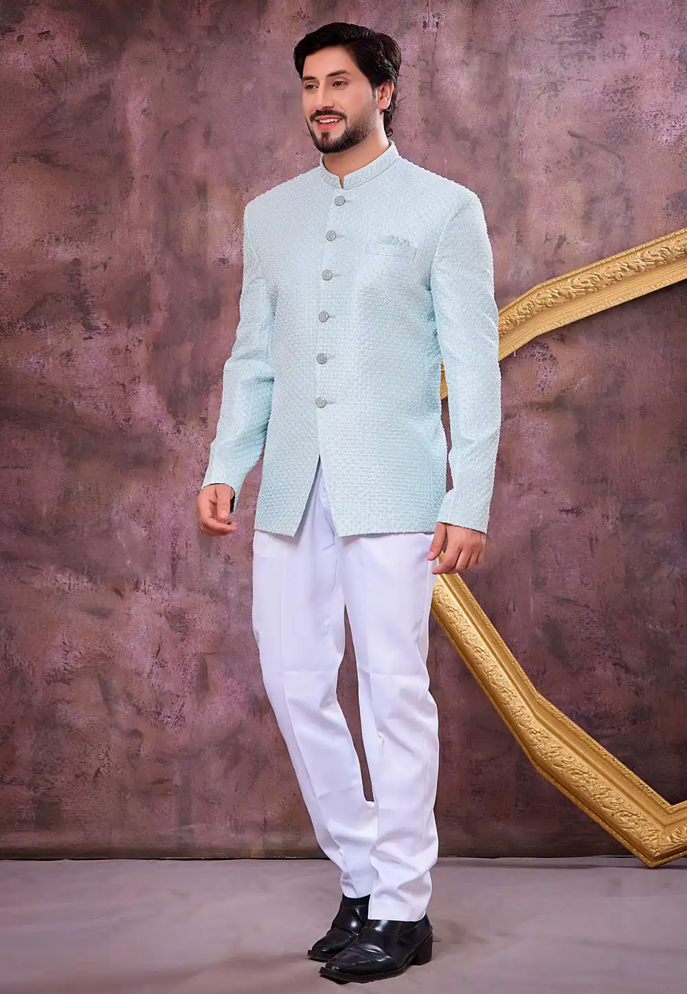 Sky Blue Art Silk Jodhpuri Suit 327078